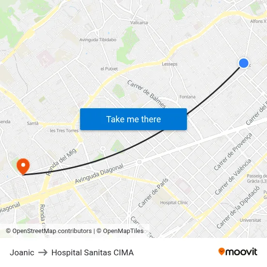 Joanic to Hospital Sanitas CIMA map