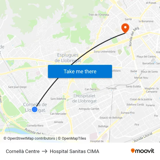 Cornellà Centre to Hospital Sanitas CIMA map