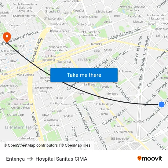 Entença to Hospital Sanitas CIMA map