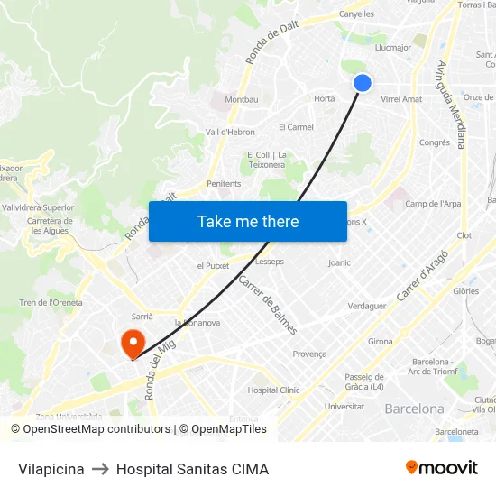 Vilapicina to Hospital Sanitas CIMA map