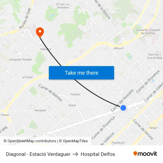 Diagonal - Estació Verdaguer to Hospital Delfos map