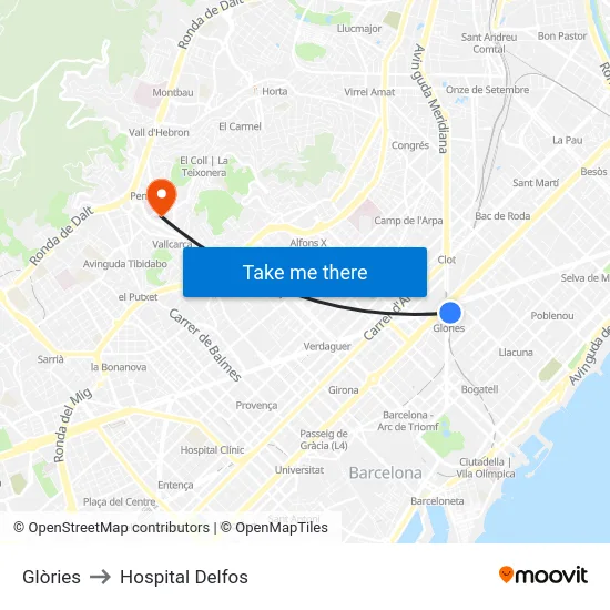 Glòries to Hospital Delfos map