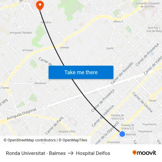 Ronda Universitat - Balmes to Hospital Delfos map
