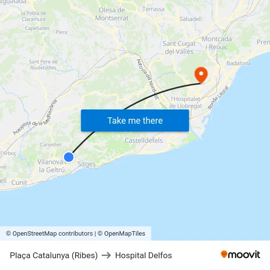 Plaça Catalunya (Ribes) to Hospital Delfos map