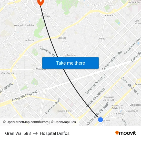 Gran Via, 588 to Hospital Delfos map