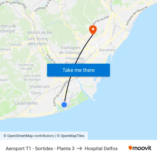 Aeroport T1 - Sortides - Planta 3 to Hospital Delfos map