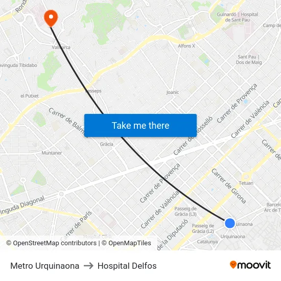 Metro Urquinaona to Hospital Delfos map