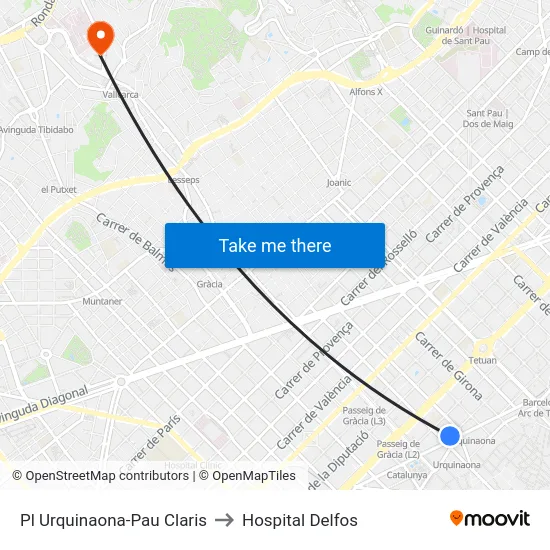 Pl Urquinaona-Pau Claris to Hospital Delfos map