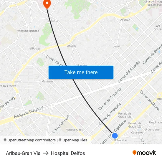 Aribau-Gran Via to Hospital Delfos map