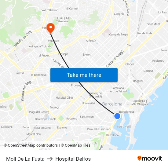Moll De La Fusta to Hospital Delfos map