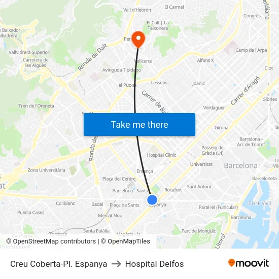 Creu Coberta-Pl. Espanya to Hospital Delfos map