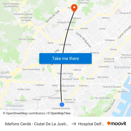 Ildefons Cerdà - Ciutat De La Justícia to Hospital Delfos map