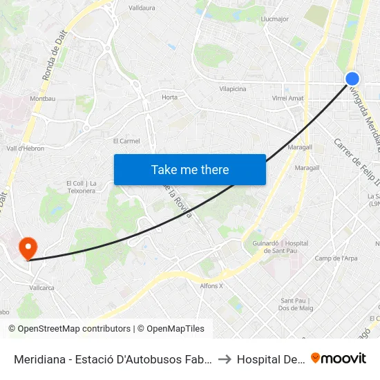 Meridiana - Estació D'Autobusos Fabra I Puig to Hospital Delfos map