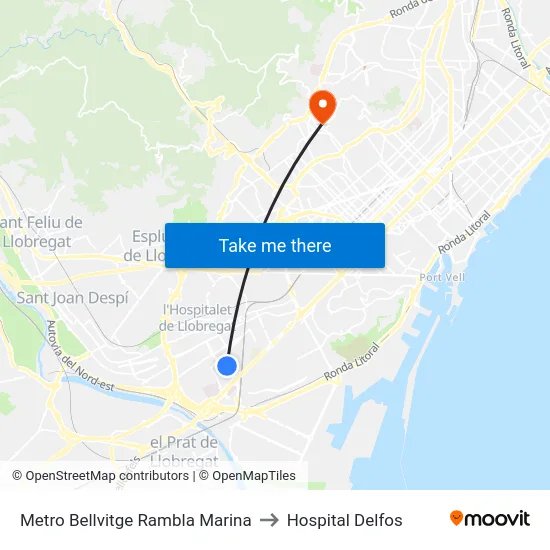 Metro Bellvitge Rambla Marina to Hospital Delfos map