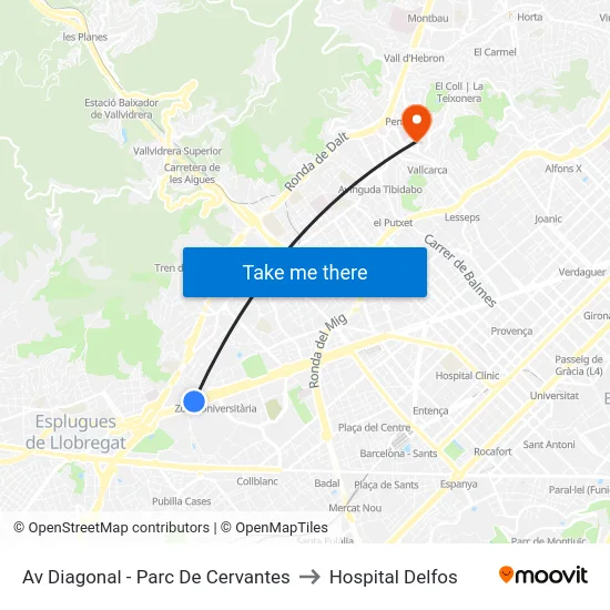 Av Diagonal - Parc De Cervantes to Hospital Delfos map