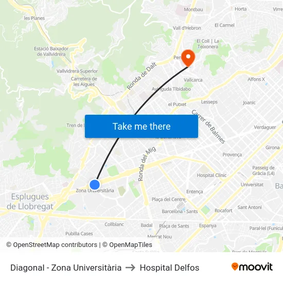 Diagonal - Zona Universitària to Hospital Delfos map