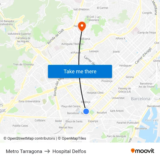 Metro Tarragona to Hospital Delfos map
