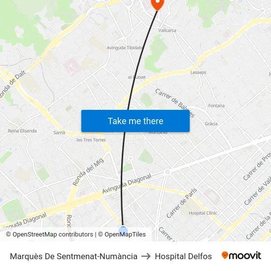 Marquès De Sentmenat-Numància to Hospital Delfos map