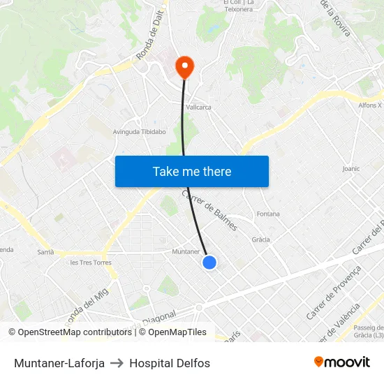 Muntaner-Laforja to Hospital Delfos map