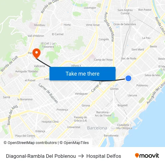Diagonal-Rambla Del Poblenou to Hospital Delfos map