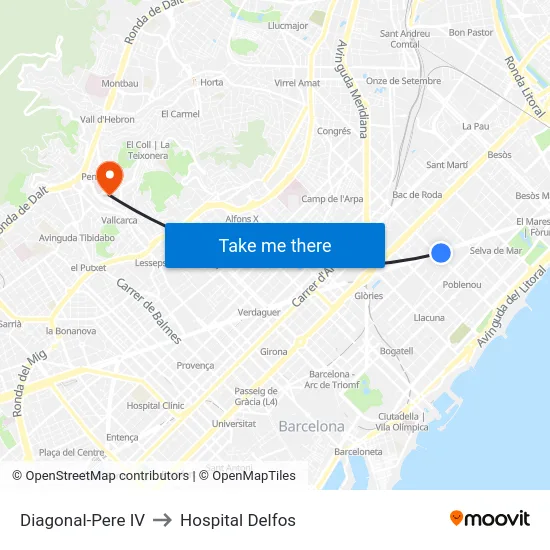 Diagonal-Pere IV to Hospital Delfos map
