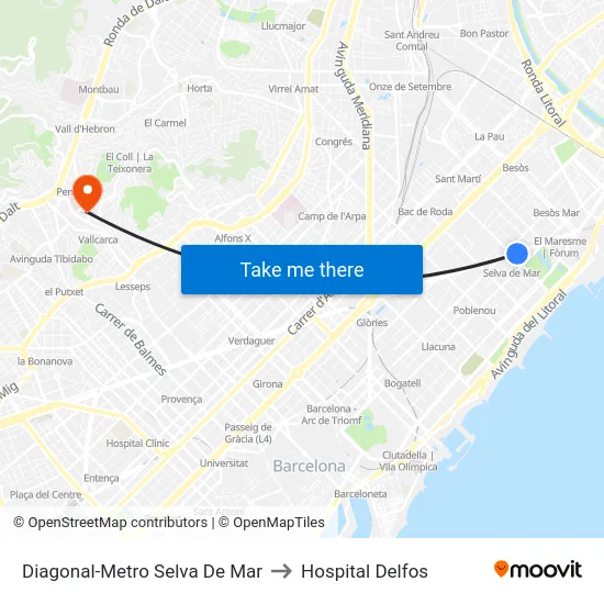 Diagonal-Metro Selva De Mar to Hospital Delfos map