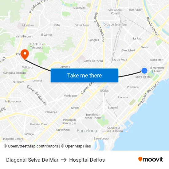 Diagonal-Selva De Mar to Hospital Delfos map
