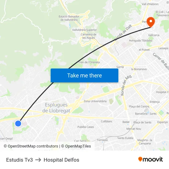 Estudis Tv3 to Hospital Delfos map