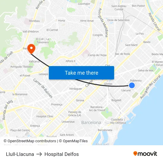 Llull-Llacuna to Hospital Delfos map