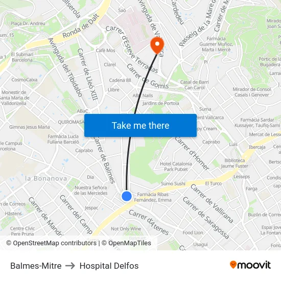 Balmes-Mitre to Hospital Delfos map
