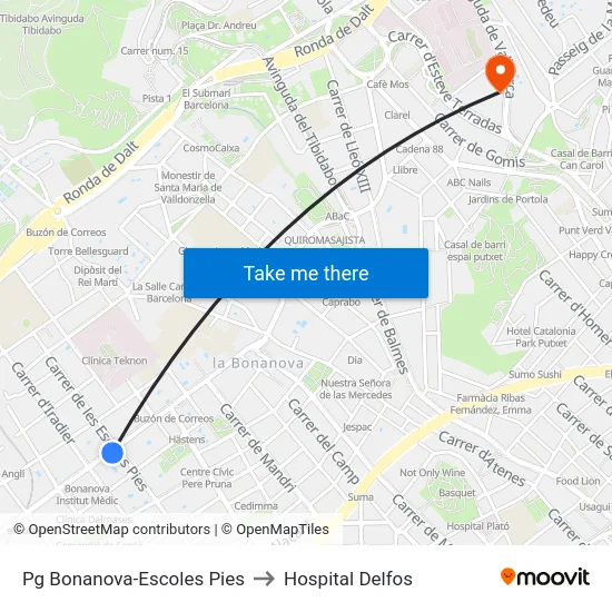 Pg Bonanova-Escoles Pies to Hospital Delfos map