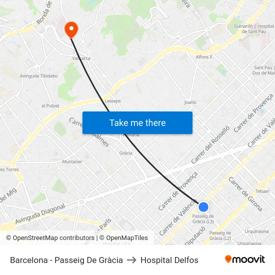 Barcelona - Passeig De Gràcia to Hospital Delfos map