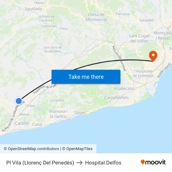 Pl Vila (Llorenç Del Penedès) to Hospital Delfos map