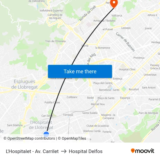 L'Hospitalet - Av. Carrilet to Hospital Delfos map