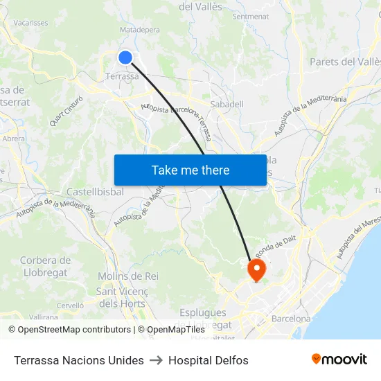 Terrassa Nacions Unides to Hospital Delfos map