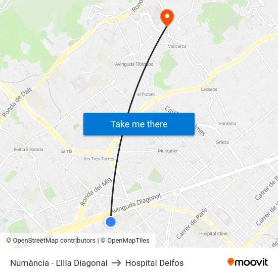 Numància - L'Illa Diagonal to Hospital Delfos map