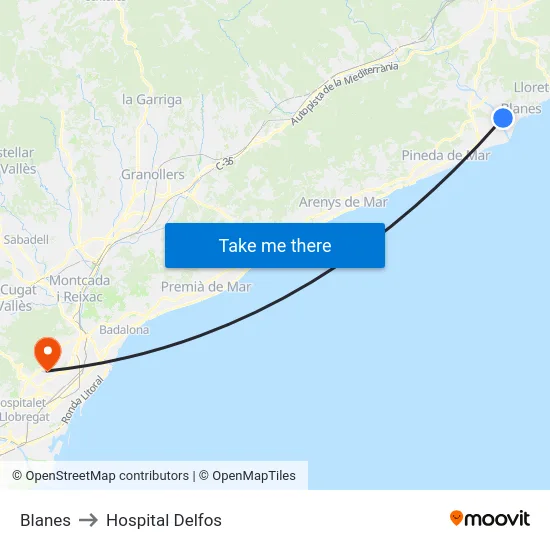 Blanes to Hospital Delfos map