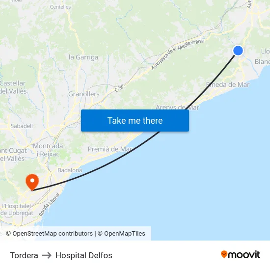 Tordera to Hospital Delfos map