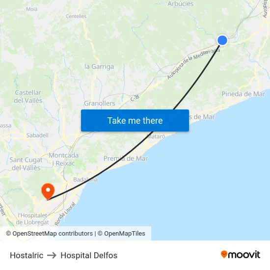 Hostalric to Hospital Delfos map