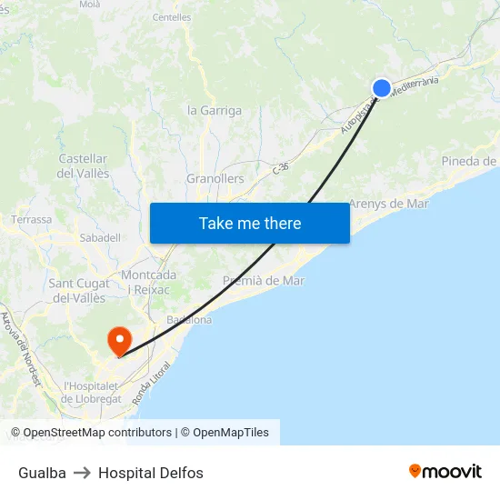 Gualba to Hospital Delfos map