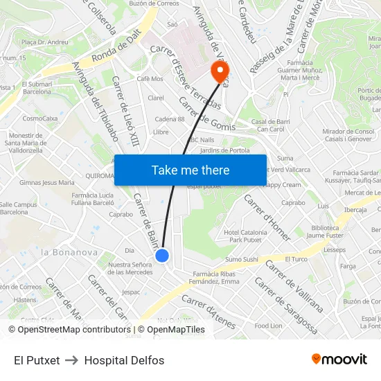 El Putxet to Hospital Delfos map