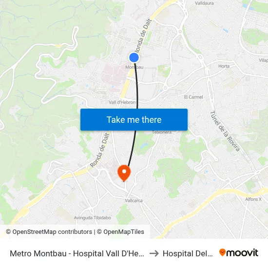 Metro Montbau - Hospital Vall D'Hebron to Hospital Delfos map
