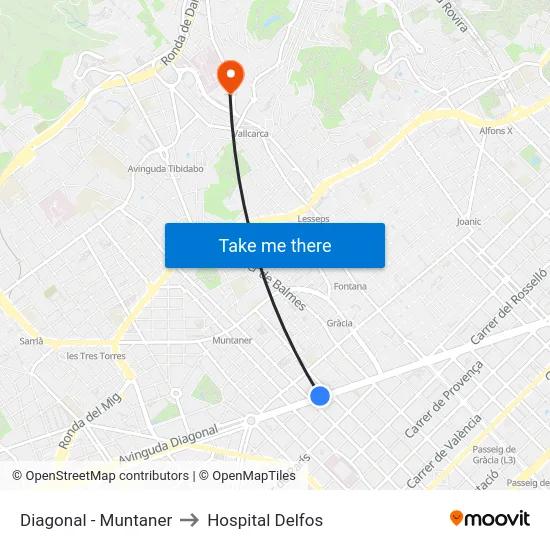Diagonal - Muntaner to Hospital Delfos map