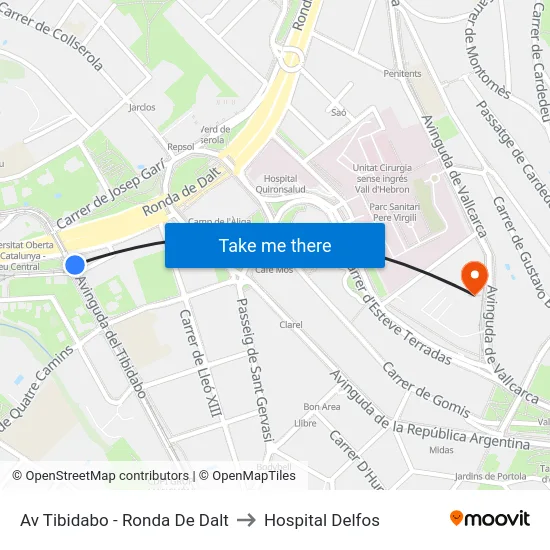 Av Tibidabo - Ronda De Dalt to Hospital Delfos map