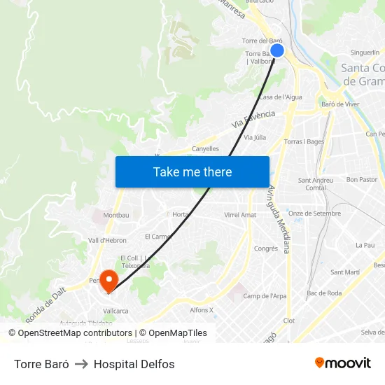 Torre Baró to Hospital Delfos map