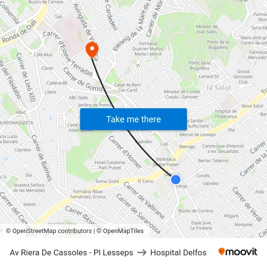 Av Riera De Cassoles - Pl Lesseps to Hospital Delfos map