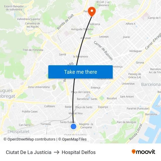 Ciutat De La Justícia to Hospital Delfos map