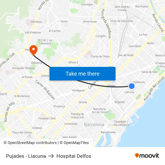 Pujades - Llacuna to Hospital Delfos map