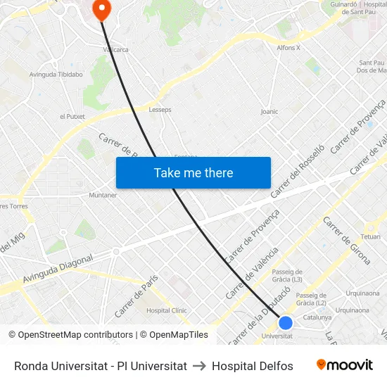 Ronda Universitat - Pl Universitat to Hospital Delfos map