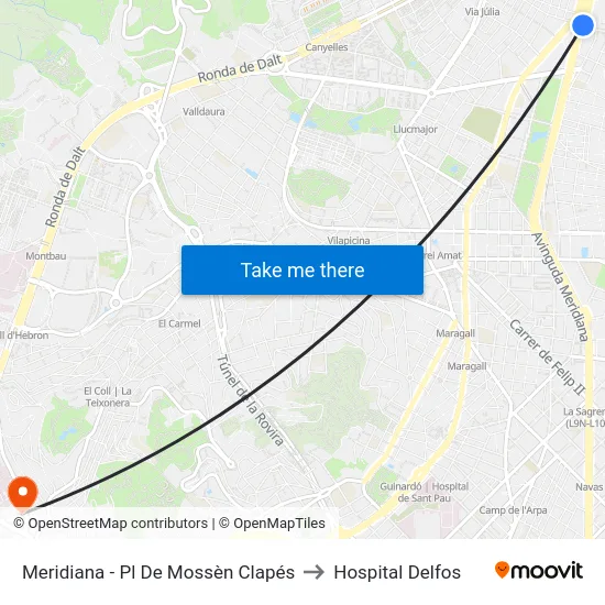 Meridiana - Pl De Mossèn Clapés to Hospital Delfos map